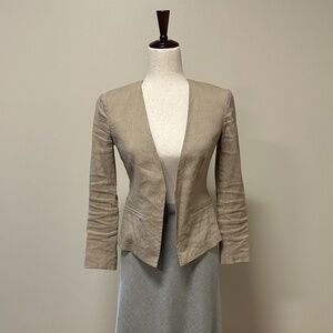 THEORY Size 00 Tan Collarless Open Front V Neck Light Linen Coat